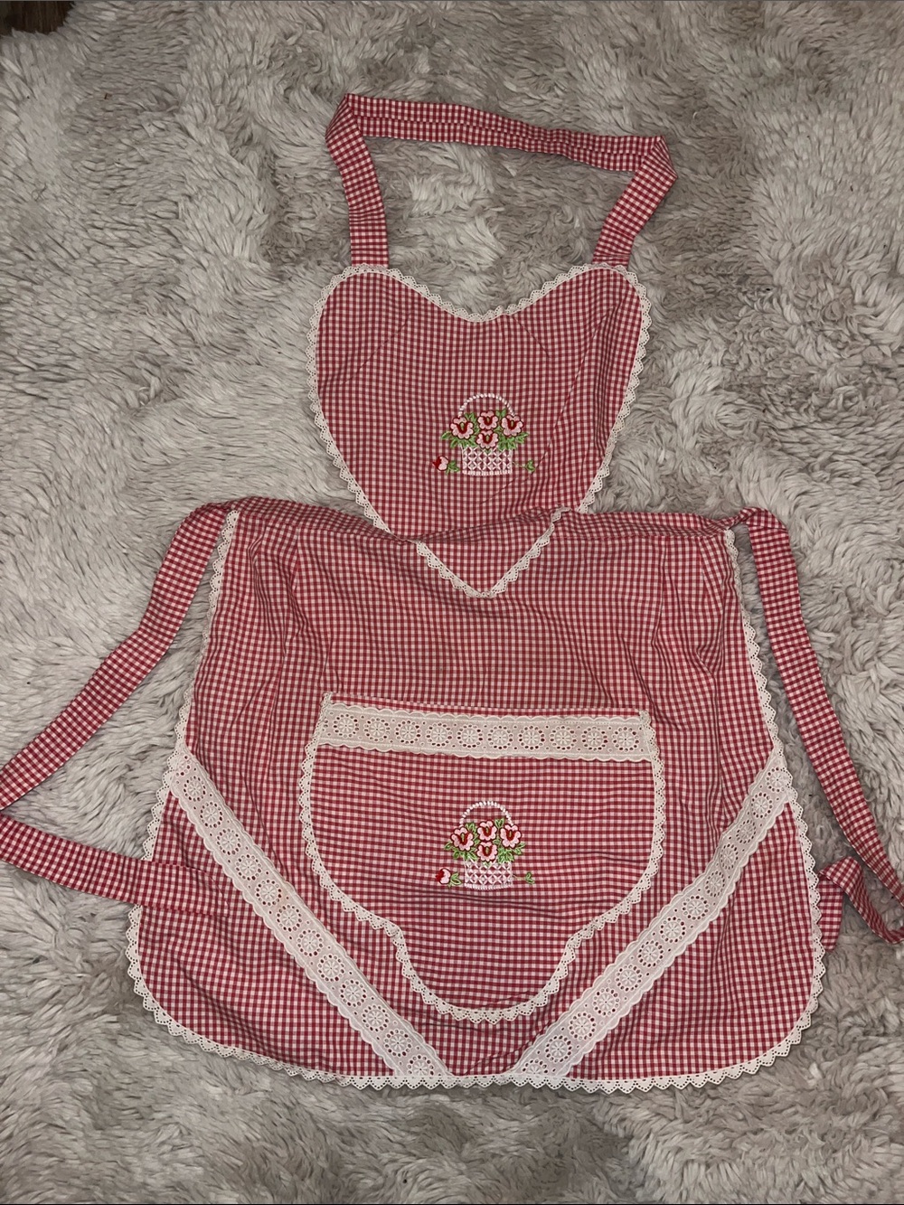 Vintage Red Gingham Heart Bib and Matching Apron Set